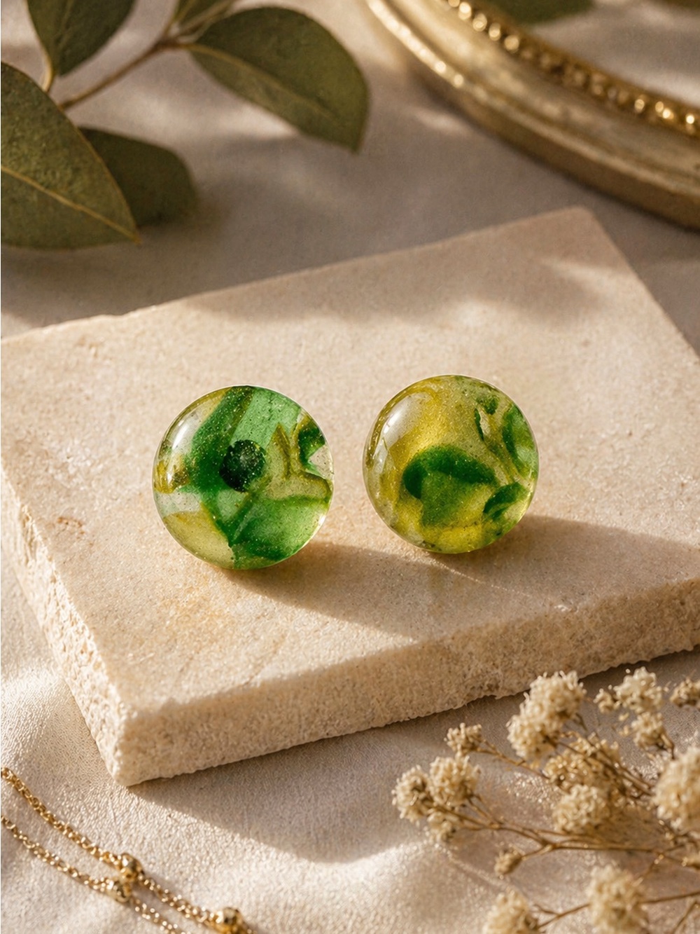 Artisan Green Marbled Glass Round Stud Earrings in Green with Yellow Accents NEW